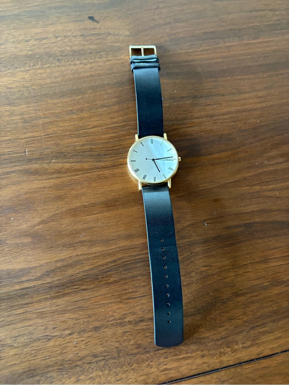 Skagen Gold Case Black Leather Strap Watch VGUC